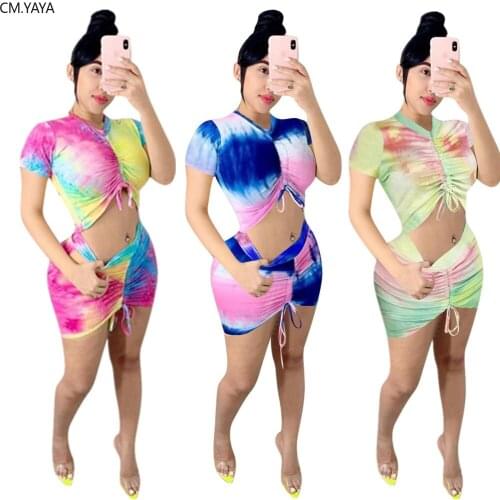 2020 Women tie dye print two piece set Tracksuits mini stacked mini tee tops bodycon midi skirts Suit Outfits Matching Set dress