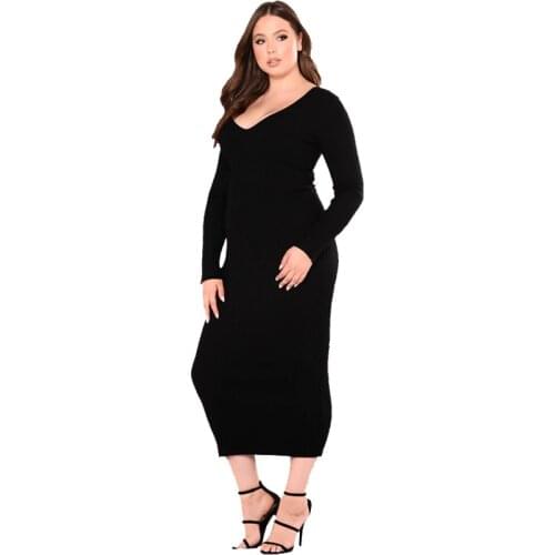 2021 Autumn Winter Woman Dresses Explosions Plus Size Womens V-neck Loose Dress Black Solid Color Knit and Pencil Skirt
