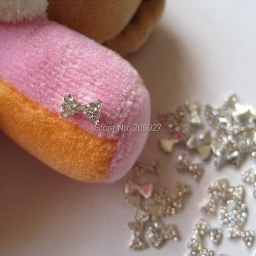 MD-90 10pcs Fancy All Crystal Rhinestone Silver Bow Metal Charms Metal Deco Charms Nail Art