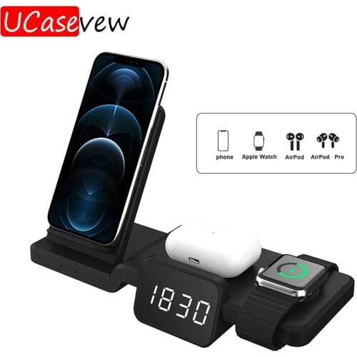 5 in 1 Wireless Charger Fast Charging Dock Station With Clock Time Display for iPhone 12 11 Pro AirPods Pro iWatch 6 5 4 3 Stand