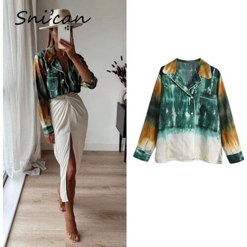 Green Tie Dye Blouse Za 2021 Women Summer Holiday Casual Ladies Chic Tops Vintage Boho Satin Shirts Fashion Blusas de mujer New