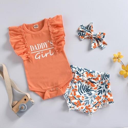 Letter Print Romper Sets Newborn Infant Baby Girls Summer Ruffled Letter Romper Floral Bow Shorts Outfits Roupa Infantil Menina
