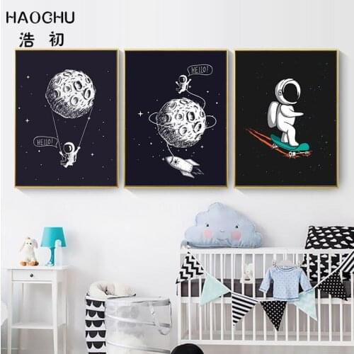 HAOCHU Space Scene Moon Print Picture Black Canvas Painting For Boy Bedroom Living Room Rocket Wall Art Poster Decor Unframed