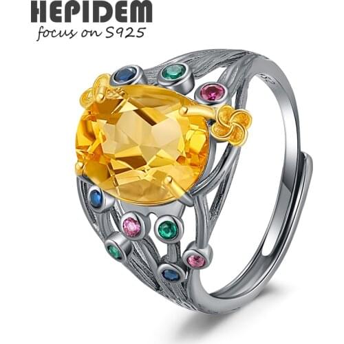 HEPIDEM 100% Citrine 925 Sterling Silver Rings 2022 New Trend Women Yellow Big Size Stone Gem Gemstones S925 Fine Jewelry 7004