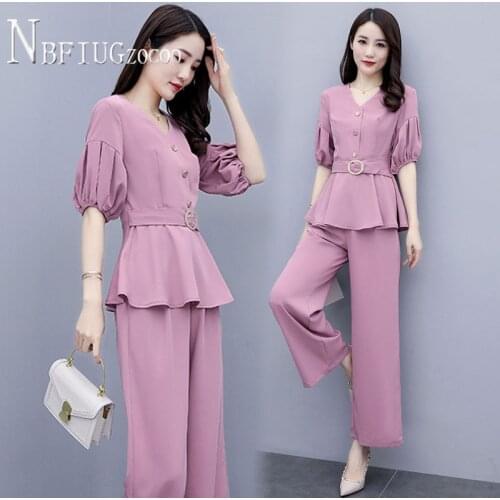 Plus Size Summer 2021 Women Sets Slim Temperament Blouse And Wide Leg Pants Female Sets