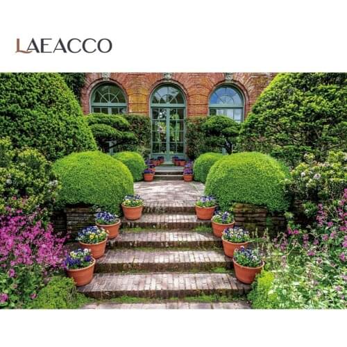 Laeacco Spring Rural Brick House Potted Flowers Grass Way Arch Window Scenic Photo Background Photography Backdrop Photo Studio