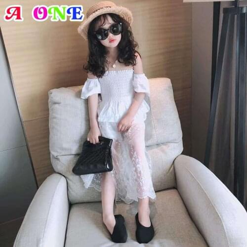 Summer girls set kids suit girls clothes cute mesh shoulderless t-shirt + skirt 2 pcs set clothing for baby 2T to 8T yrs