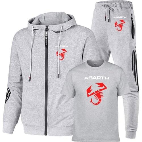 Mens suits Abarth car logo Printed casual trend Fashion Solid color stripe cotton Mens sweatshirt+T-shirt+sports pants 3-piec