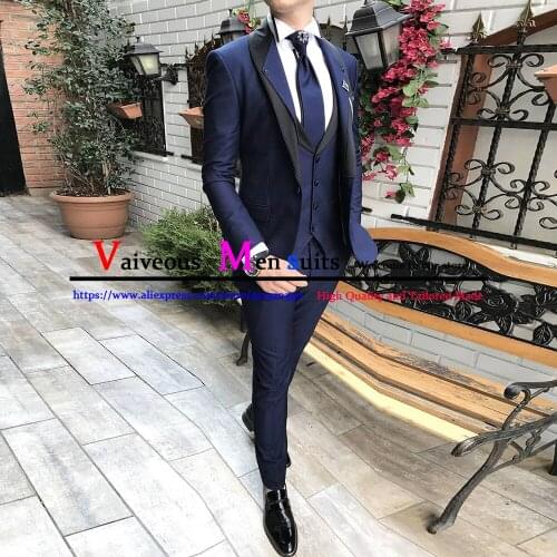 Navy Blue Wedding Suits For Men 2021 Casual Slim Fit Street Smart Business Party Prom 3 Pieces Tuxedo (Blazer+Vest+Pants) Ternos