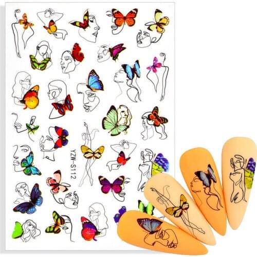 2021 New Watercolor Butterflies Adhesive Nails Sticker Abstract Face Decal Summer Nail Art Decoration DIY Manicure Accessories