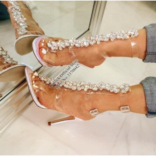Luxury Iridescent Crystal High Heel Sandals Clear PVC Buckle Strap Dress Shoes Cut-out Fluorescent Leather Wedding Party Shoes