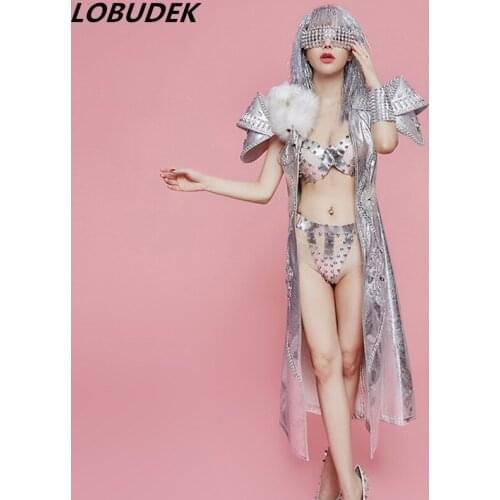 Silvery Rivet Cloak Tide Bikini Female Costume Star Birthday Party Performance Outfit Vocal concert Singer Jazz Rock Stage wears