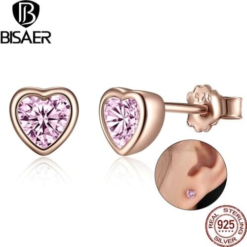BISAER Fashion 925 Sterling Silver Pink Love Heart Crystal CZ Stud Earrings for Women Sterling Silver Jewelry 2019 WEUS452-J