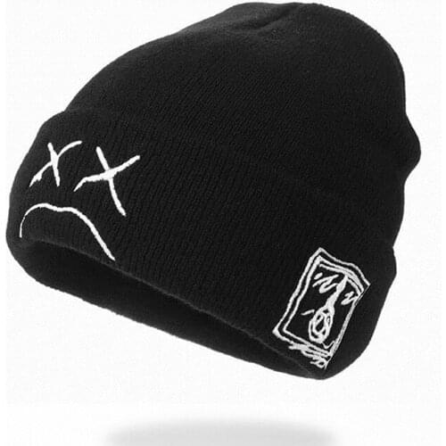 Beanie, Knitted Hat, hip-hop style, Embroidered Knitted hat with sad Expression, Warm Woolen hat for men and women