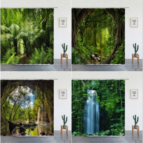Tropical Rainforest Landscape Shower Curtains Forest Waterfall Beautiful Natural Scenery Luxury Bathroom Decor Screen With Hooks