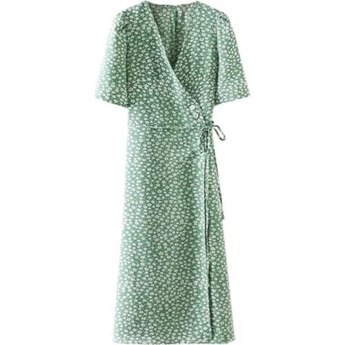 PERHAPS U French Prairie Chic Flower Print Straight Short Sleeve Deep V Neck Lace-up Wrapped Chest Knee Length Dress D1005