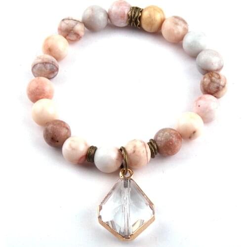Fashion Jewelry Bracelet 10mm Natural Stone and Glass Crystal Charm Pendant Bracelets for Women