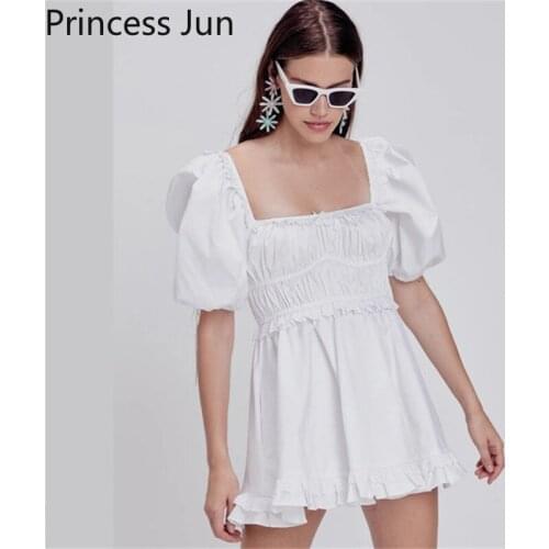 French Retro Women Romantic Puff Sleeve Mini Dress Summer Sexy Slach Neck Little White Black Dress Vintage Slim Waisted Dress