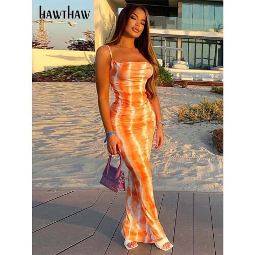 Hawthaw Women Summer Party Sleeveless Slim Printed Bodycon Beach Long Dress 2021 Female Clothing Streetwear Wholesale Items