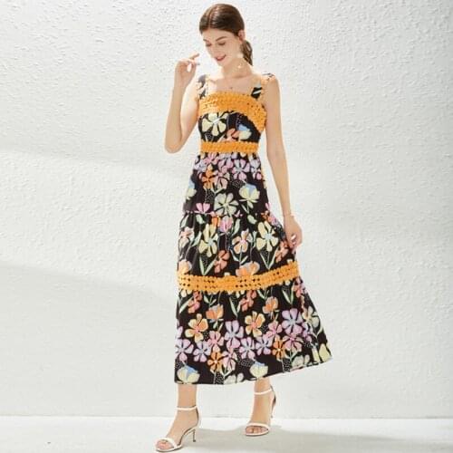 HIgh Quality Women Summer Spaghetti Strap Backless Flower Printted Embroidery Big Swing A Line Beach Dress Robe Femme