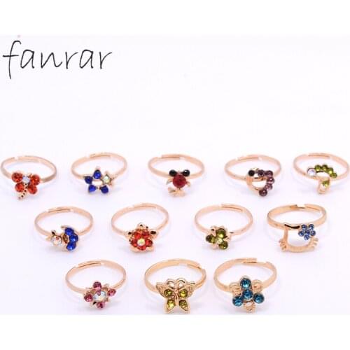 10pcs Cute Cartoon Kids Rings Children Girls Rhinestone Flower animal Alloy Finger Ring Adjustable Child Jewelry party Gift