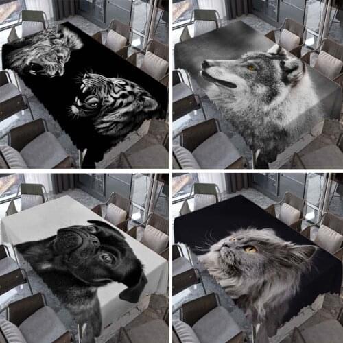 Black White Animal Table Cloth Lion Tiger Cat Wolf Artistic Rectangular Tablecloths Homestay Waterproof Coffee Table Cover Decor