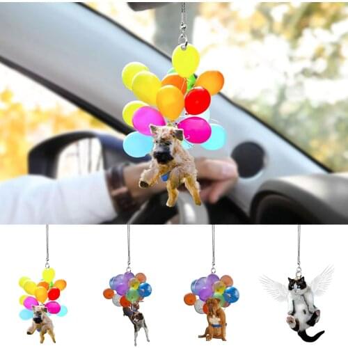Car Hanging Ornament Cute Cat Dog Colorful Ballons Hanging Ornament Car Interior Decoration Cartoon Rearview Mirror Pendant