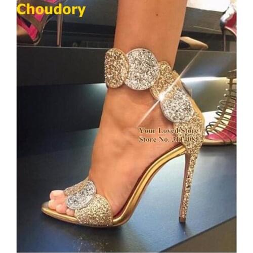 Choudory Gold Silver High Heels Sandals Round Sequined Open Toe Shoes Bling Bling Strap Dress Pumps Glitter Wedding Shoes Pumps