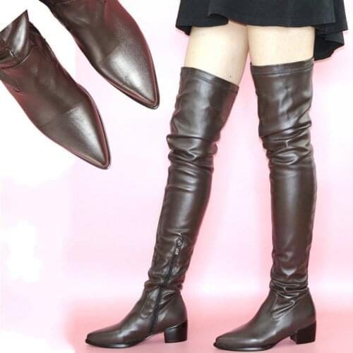 Punk Goth Over the Knee Women Pointed Toe Stretchy Thigh High Boots Low Heel Winter Tall Long Booties 35-42 size