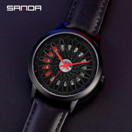 SANDA 2021 New Mens Wheel Watch Quartz Waterproof Car Outline Mens Leather Watch Sports Fashion Personality Wheel Watch P1060