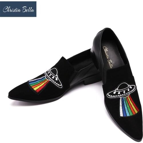 Christia Bella Handmade Men Flats Velvet Shoes with Luxurious Embroidery Leather Party and Banquet Men Loafers Plus Size 38-47