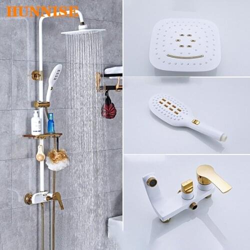 Bathroom Shower System Square Rainfall Shower Head Copper Bathroom Faucets Inwall Mounted White Gold Bathroom Shower Mixer Set