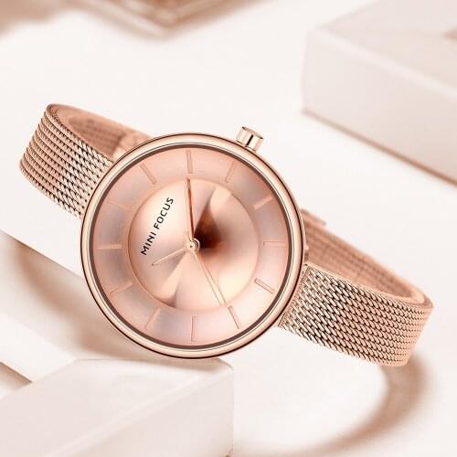 MINI FOCUS Elegant Quartz Watches for Women Luxury Top Brand Simple Wristwatch Lady Rose Gold Mesh Strap Watch Relogio Girl 0331