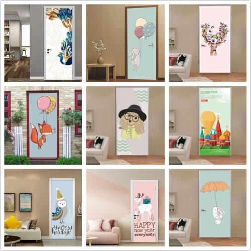 Ins Cartoon Sticker on the Doors Vinyl Self-adhesive Waterproof Wallpaper Removable DIY Mural Decals Home Decor Animals Posters