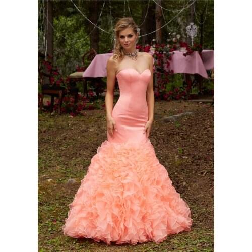 Puffy Mermaid Prom Gown Corset Back with Ruffles Organza Skirt Long Satin Formal Special Occasion Wedding Party Dresses