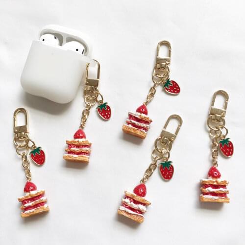 CHUNOU Cake Strawberry Keychain For Apple Airpods Case Ornament Accessories Bluetooth Earphone Silicone Cover Car Key Ring Gift