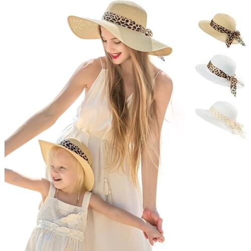 2021 New Spring and Summer Sunscreen Baby Hat Leopard Print Lace Bow Straw Hat Beach Baby Sun Hat Outing Parent Child Straw Hat