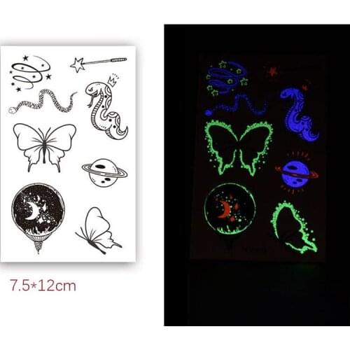 Luminous Tattoo Stickers Ins Butterfly Snake Comet Water Transfer Waterproof Temporary Tatto Body Art for Men Women Kids
