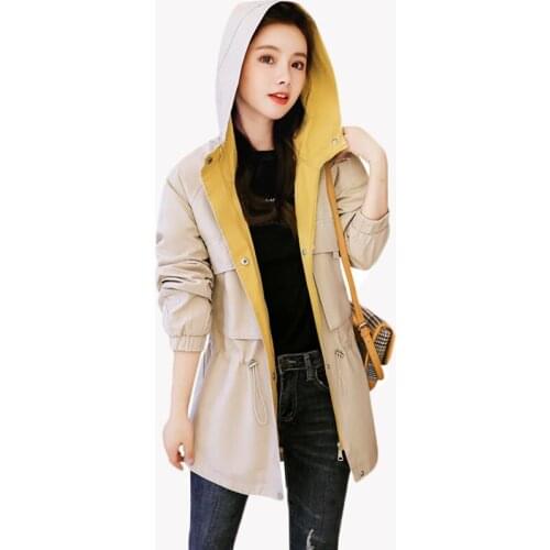 New 2020 Spring Autumn Trench Coat Womens Hooded Long-Sleeve Casual Windbreaker Female Plus size Loose Coat Outerwear Tops AH20