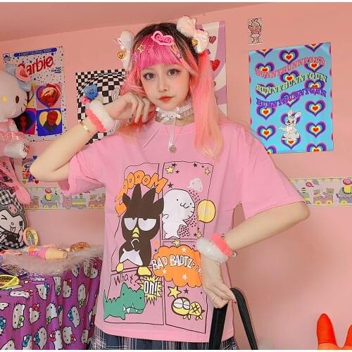 Japanese yuansufeng cartoon print sleeve matching fake two-piece Top Long Sleeve T-Shirt tees