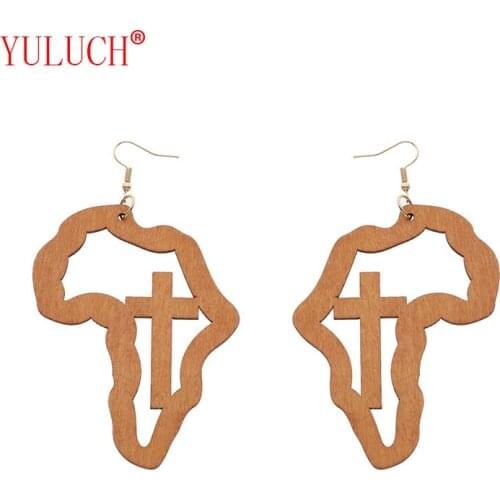 YULUCH Pop Jewelry Creative Wooden Cutout Cross Africa Map Fashion Women Pendant Earrings Party Gifts