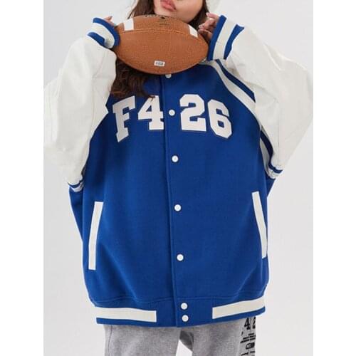 Women Blue Baseball Jacket 2021 Single-breasted Pockets Splice Varsity Baseball Uniform Streetwear Casual Loose Couples Outwear