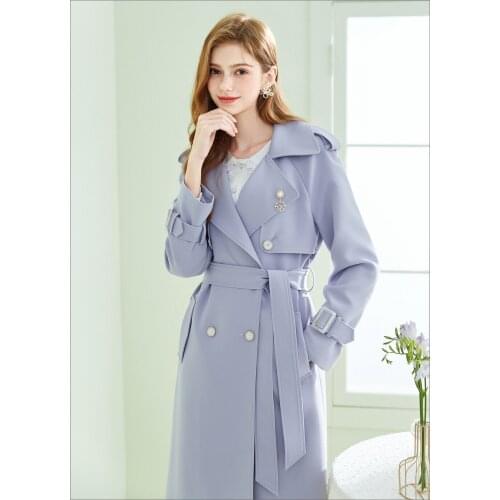 2021 Spring and Autumn New Purple Windbreaker Womens Middle Long Double Breasted Temperament Show Thin High-end Fashion