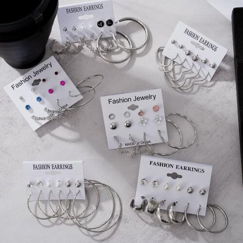 2021 Trend New Fashion Big Circle Hoop Drop Earrings for Women Gold Silver Metal Round Heart Crystal Stud Earring Sets Jewelry