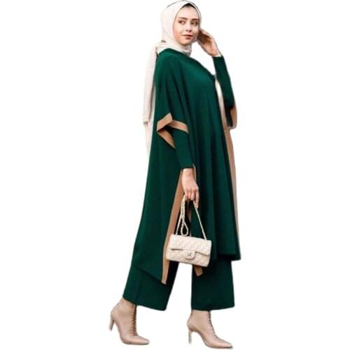2 Pieces Patterned Knitted Set Maxi Dress and Cardigan Abaya Hijab Dress Muslim Dress Woman Turkey Dubai Aid Moubarek Bat Sleeve
