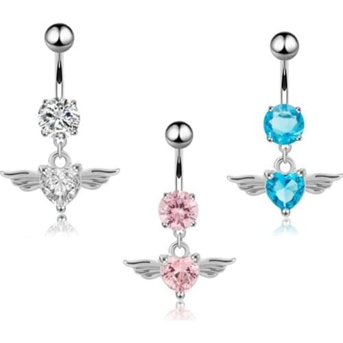 Angel Wings Feather Zircon Navel Ring Heart-Shaped Belly Button Barbell Crystal body jewelry Dangling Piercing Ring For Woman