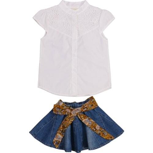 2Pcs Kids Summer Outfit, Lace Stand Collar Short Sleeves Buttons Shirt + Denim Short Skirt Suit for Girls, 1-6 Years