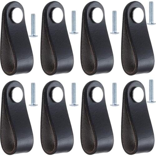 8 Pieces Cabinet Handle Leather Drawer Pull Door Knob with Screw for Wardrobe Closet Drawer Cabinet (Black)
