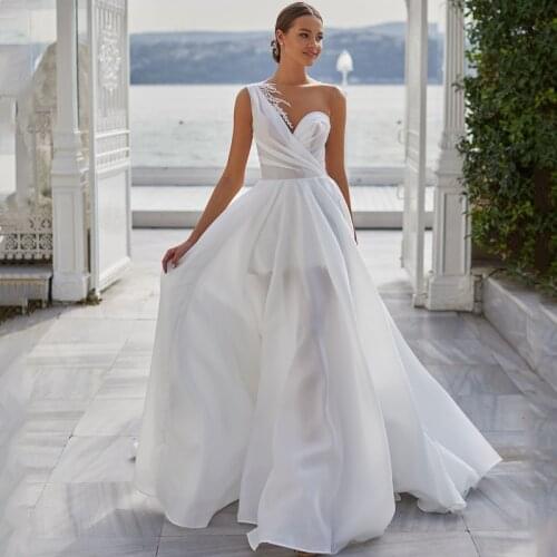 Eightree White Beach Wedding Dress One Shoulder Applique Organza Backless A-Line Bridal Gown See-through Simple Long Bride Dress