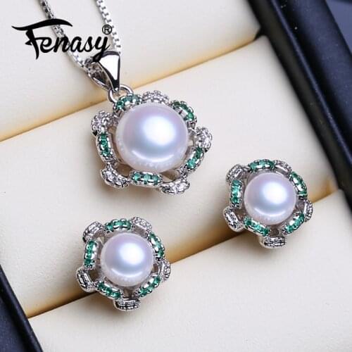 FENASY 925 Sterling Silver Wedding Engagement Jewelry Sets Natural Pearl Pendant Necklaces For Women Emerald Stud Earrings